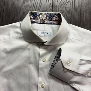 Eton Dress Shirt Mens 16.5 42 White Contemporary Fit Flip Cuff Floral Paisley